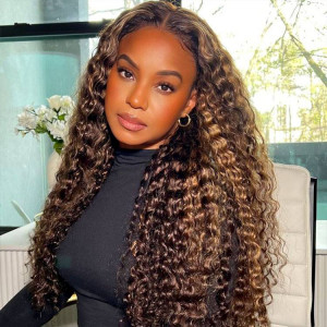 ELVA Single Knots Deep Wave Highlight 5X5 Lace Front Wigs 16-30 inches Ready To Go Lace Wigs（JC016)