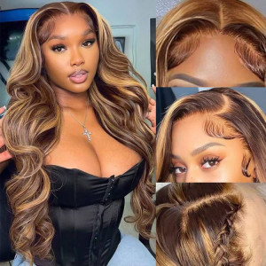 ELVA Single Knots 13x4 hd Lace Wig Highlight Wigs Brown And Honey Blonde Highlights Wig Ombre Human Hair Wigs（JC026)