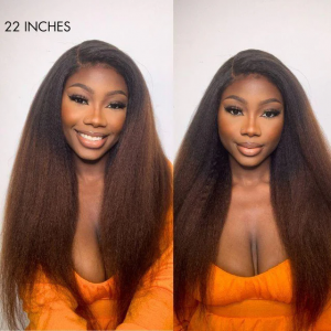 ELVA Single Byebye Knots Blonde Highlight Kinky Straight Ear-to-ear Glueless 13x4 Frontal HD Lace Wig Pre-Cut Lace （w247）