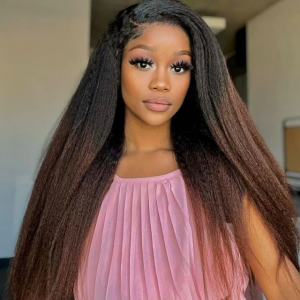 ELVA Single Byebye Knots Blonde Highlight Kinky Straight Ear-to-ear Glueless 13x4 Frontal HD Lace Wig Pre-Cut Lace ï¼w249ï¼