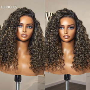 ELVA Single Byebye Knots Blonde Highlight Curly Ear-to-ear Glueless 13x4 Frontal HD Lace Wig Pre-Cut Lace w248）
