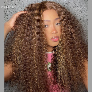 ELVA Single Byebye Knots Brown Highlight Curly Ear-to-ear Glueless 13x4 Frontal HD Lace Wig Pre-Cut Lace （w238）