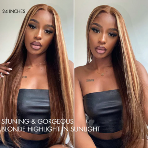 ELVA Single Byebye Blonde Highlight Straight Ear-to-ear Glueless 13x4 Frontal HD Lace Wig Pre-Cut Lace （w224）