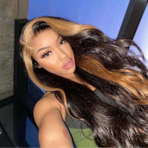ELVA Single Byebye Knots Blonde Highlight body Wave Ear-to-ear Glueless 13x4 Frontal HD Lace Wig Pre-Cut Lace （w268）