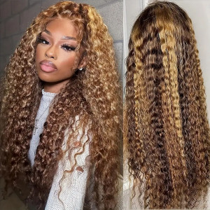 ELVA Single Knots 5X5 HD Lace Closure Wig Wear Go Highlight Wig Brown Color Deep Curly Pre-Cut Glueless Lace Wig Go Glueless Wig Pre-Cut Lace Closure Wig（JC03)