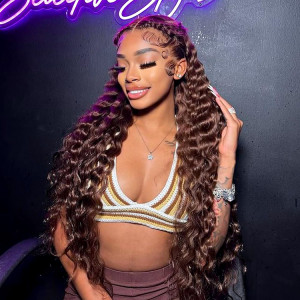 ELVA Single Knots #4 Brown Pre-Braided Deep Crimped Stylist Wig Knotless 13x6 Super Invisible HD Lace Front Wig（JC014)