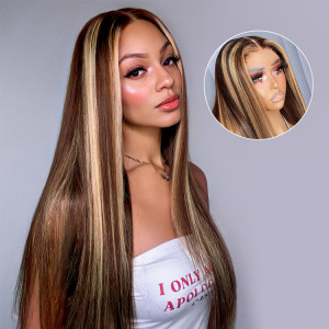 ELVA Single Knots 13x4 hd Lace Wig Highlight Wigs Straight Hair Ombre Wigs Customized Human Hair Lace Front Wigs（JC027)