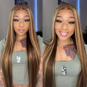 ELVA Single Knots 5x5 Wear Go Highlight Brown Wigs Silky Straight Pre-plucked Glueless Lace Wigs（JC11)
