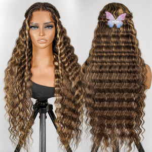 ELVA Highlights Brazilian Deep Wave 13X6 13X4 HD Lace Frontal Wig Lace Front Wigs Human Hair 100% Real HD Lace Frontal Wig（w117)