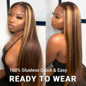 ELVA Single Knots Glueless Ready To Go Wigs - Piano Colored Body Wave 5X5 Closure Wigs With Highlights（JC024)