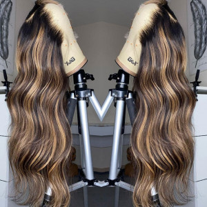 ELVA Single Byebye Knots Blonde Highlight Body Wave Ear-to-ear Glueless 13x4 Frontal HD Lace Wig Pre-Cut Lace ï¼w259ï¼