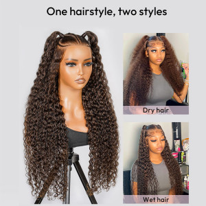 ELVA Single Knots Ready to Go Stylist Wig-#4 Brown Deep Wave Wig Knotless Pre-Braided 13x6 Parting Max Pre-cut Lace Front Wig （JC033)