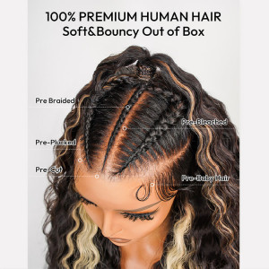 ELVA Single Knots Glueless Highlight Stylist Wig Ready to Go Pre-Max Crimped Wavy 13x6 Lace Front Wig（JC021)