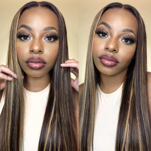 ELVA Single Byebye Knots Blonde Highlight Straight Ear-to-ear Glueless 13x4 Frontal HD Lace Wig Pre-Cut Lace （w265）
