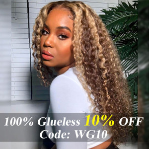 ELVA Single Knots Glueless Ready To Go Wigs 5X5 Super Invisible HD Lace Highlight Curly Human Hair Wig（JC025)