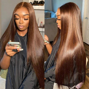 Wear and Go 5x5 HD Lace Closure Brown Color  #4 Silky Straight Wigs Brazilian Virgin Human Hair (HG09)