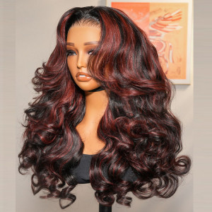 ELVA Single Knots Cherry Cola Red Highlight Layered Cut Customized Wave Human Hair Pre-Everything Wig Ready To Go Lace Wigs（JC015)