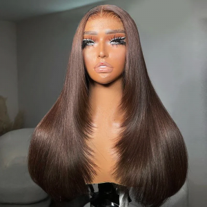 ELVA Single Knots 5X5 HD Lace Closure Wig Chocolate Brown Color Layered Cut Straight Wear Go Glueless Wig Pre-Cut Lace Closure Wig（JC01)