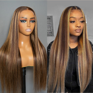 ELVA Highlights Brazilian Straight 13X6 13X4 HD Lace Frontal Wig Lace Front Wigs Human Hair 100% Real HD Lace Frontal Wig（w113)