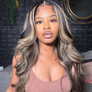 ELVA Highlights Brazilian Body Wave 13X6 13X4 HD Lace Frontal Wig Lace Front Wigs Human Hair 100% Real HD Lace Frontal Wig（w114)