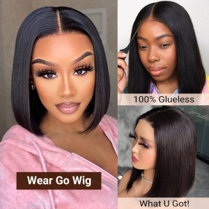 Wear and Go 13x6 HD Lace Closure Wigs Brazilian Short Straight Virgin Human Hair (R06)