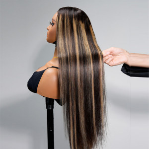 ELVA Single Knots Glueless Highlight Balayage Piano Colored Straight 13x6 Lace Front Super Invisible Lace Wig（JC020)