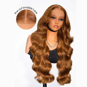 ELVA Single Knots Glueless 5x5 hd Lace Wig Caramel Brown Loose Body Transparent Lace Front Wig With Natural Widows Wig Peak M Hairline（JC018)