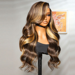 ELVA Single Knots Glueless Honey Blonde Highlight Wigs Loose Body Wave Wigs 13x6 Lace Front Human Hair Wigs（JC022)