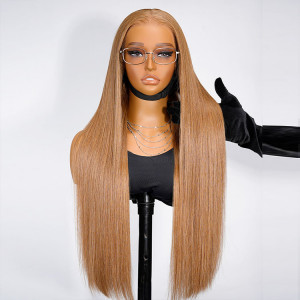 ELVA Single Knots Glueless Light Chestnut Brown Hair Silky Straight  5X5 HD Lace Front Wig Human Hair（JC023)