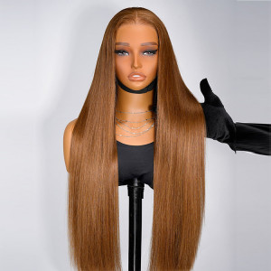 ELVA Single Knots 5X5 HD Lace Wig Glueless Caramel Brown Widows Peak M Hairline Silky Straight Transparent Lace Frontal Wig（JC019)