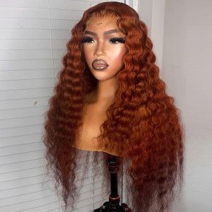 Elva hair Honey Ginger Water Wave Color Wig 13x6 Pre Plucked Transparent Lace (Y137)