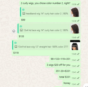 3 wigs :headband wig 14" curly hair color 2 ,180% and 13x4 hd lace wig 14" curly hair color 2, 180% and 13x4 hd lace wig 12" straight bob 180%  natural color,ship to Guanghzou,China  (99+133+119=$351 )(20$ off)  total $331