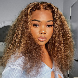 ELVA Single Knots Highlight Color Kinky Curly Lace Wig 13X6 HD Lace Wigs Pre-plucked Glueless Lace Wigs（JC012)