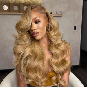ELVA Single Knots Honey Blonde 13x4 Lace Front Wigs #27 Body Wave Human Hair Wigs 180% Densityï¼JC028)