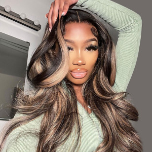 ELVA Single Knots Glueless 5x5 HD Lace Wig Black With Honey Blonde Highlights Body Wave Human Hair Ready To Go Lace Wigs（JC013)