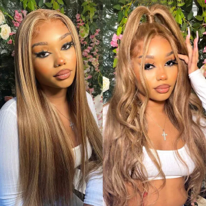 ELVA Single Knots 13x4 Highlight Brown Color Wear Go Glueless Wig Pre Plucked Natural Hairline With Mini Knots（JC06)
