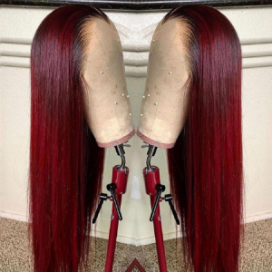 ELVA Single Knots 13x4 HD Lace Black Roots Burgundy 99J Color Straight Lace Front Wig W（JC05)