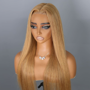 ELVA Single Knots Wear Go 5X5 HD Honey Blonde #27 Color Wigs Silky Straight Pre-Cut Glueless Lace Wig（JC07)