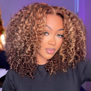 ELVA Single Knots Wear Go 5X5 HD Highlight Brown Color Kinky Curly Glueless Wig Pre-Cut Lace Closure Wig（JC09)