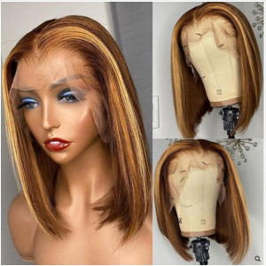 Fashion Ash Brown Highlight Virgin Human Hair Breathable Lace 13x6 Lace Front Bob Wigs Pre Plucked (w308)