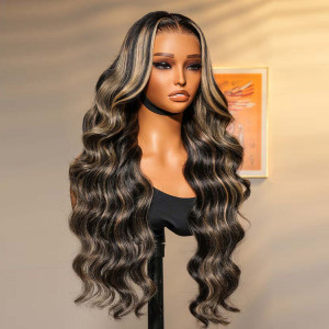 ELVA Single Knots Glueless Black With Honey Blonde Highlights Body Wave Piano Colored 13x6 Lace Front Wigs（JC017)