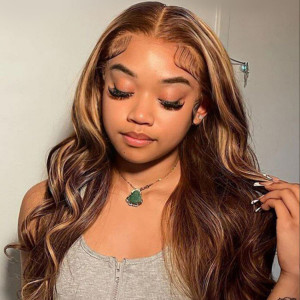 ELVA Highlights Brazilian Wave 13X6 13X4 HD Lace Frontal Wig Lace Front Wigs Human Hair 100% Real HD Lace Frontal Wig（w115)