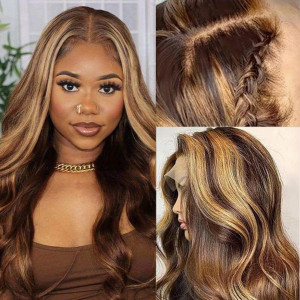 ELVA Single Knots Highlight Color 13x6 Skinlike Real HD Lace Front Wig Body Wave（JC039)